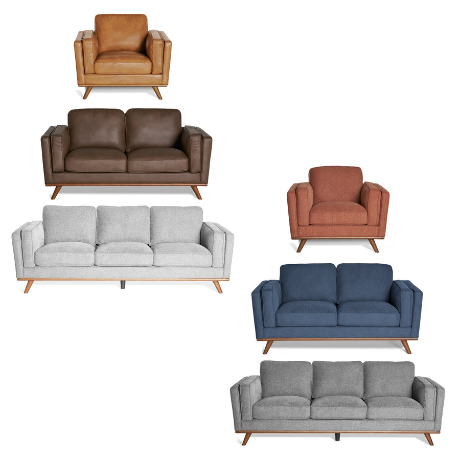 A mid-century modern sofa with orange upholstery and three cushions. It features wooden legs and a sleek, minimalist design.