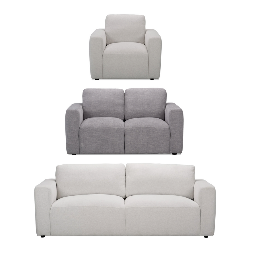 A modern, light gray sofa with plush cushions and wide armrests, designed for comfort and style. The sofa features a minimalist, contemporary design suitable for various living room aesthetics.