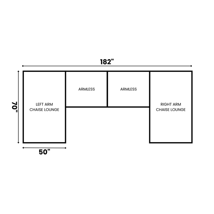 Diagram of the Yeti 4 Piece Straight / Double Chaise layout, offering customizable configurations. It measures 182 inches wide and 70 inches deep, with a left arm chaise lounge, two armless sections, and a right arm chaise lounge; each chaise is 50 inches wide in luxurious corduroy fabric.