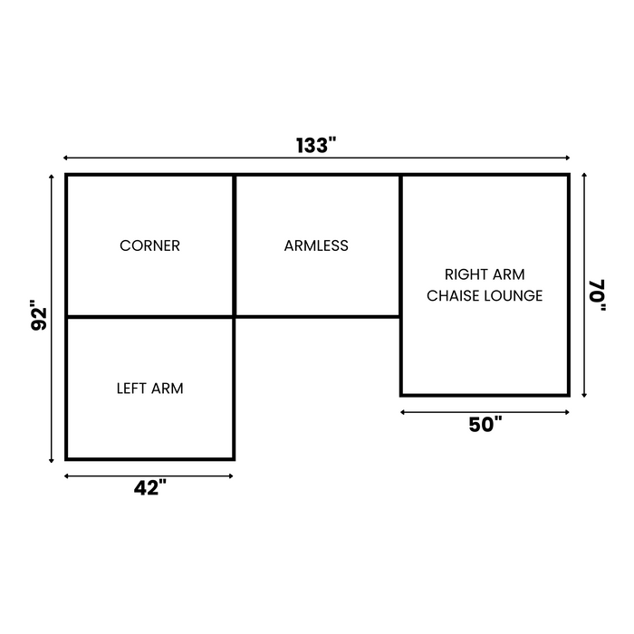 Explore the Yeti 4 Piece L / Right Chaise in premium corduroy, offering customizable layouts. Its large floor plan measures 133 wide and 92 long with sections including a left arm, armless seat, corner piece, and right arm chaise for maximum comfort. Overall height is 70.