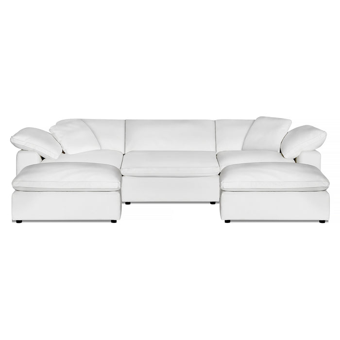 Introducing the Peyton 3 Piece Straight + 2 Ottomans: a modern white leather sectional sofa featuring plush cushions and armrests. Its luxurious, minimalist design offers a spacious seating area perfect for contemporary living spaces.
