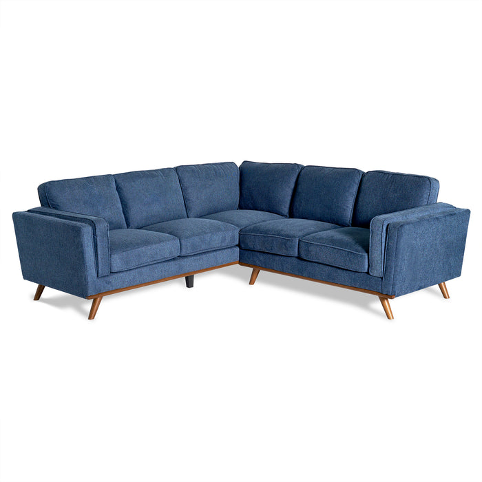 The Maddox L-shaped sectional sofa in blue offers mid-century modern elegance with wooden legs and cushioned seats, creating a stunning focal point in any living room against a plain white background.