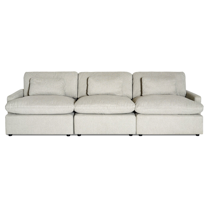 The My Cloud 3 Piece Straight is a large, modern gray sectional with three cushion seats and backrests made of machine-washable fabric. Its simple minimalist design is ideal for contemporary living rooms, offering the comfort that could make it the World’s Greatest & Most Comfortable Sofa.