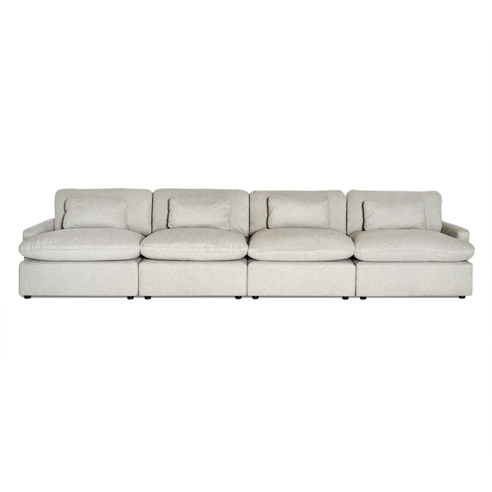 Introducing the My Cloud 4 Piece Straight: a large, modern beige sofa with machine-washable fabric. This armless, four-cushion seat design sits against a plain white background, showcasing comfort and simplicity as one of the Worlds Greatest Sofas.