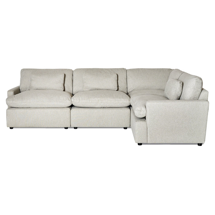Introducing the My Cloud 4 Piece Right L: a light gray, L-shaped sectional with three plush cushions and ample seating. Its minimalist design, set against a white background, offers ultimate comfort and style for any modern home.