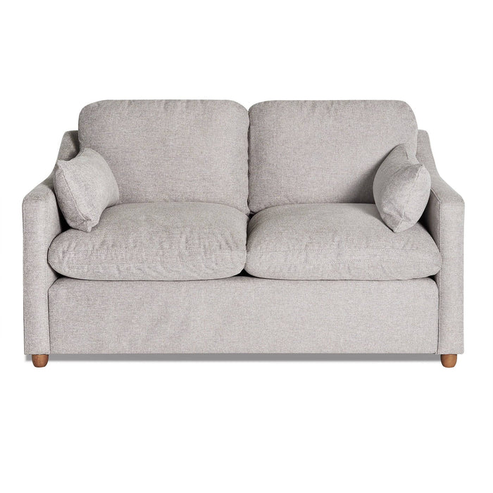 The My Cloud Slope Loveseat, part of the customizable collection, is a light gray upholstered piece with wooden legs. It features two cushions, armrests, and two small side pillows for a cozy look against a white background.