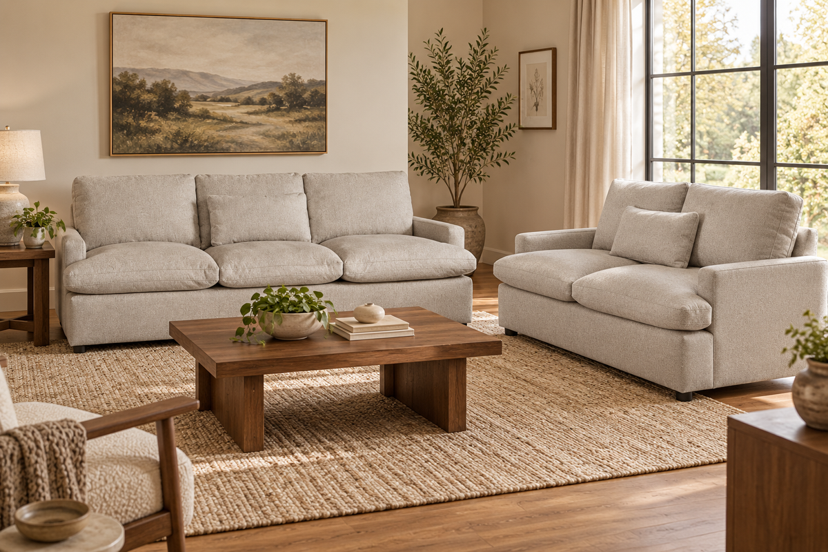 My Cloud sofa and loveseat in a warm living room