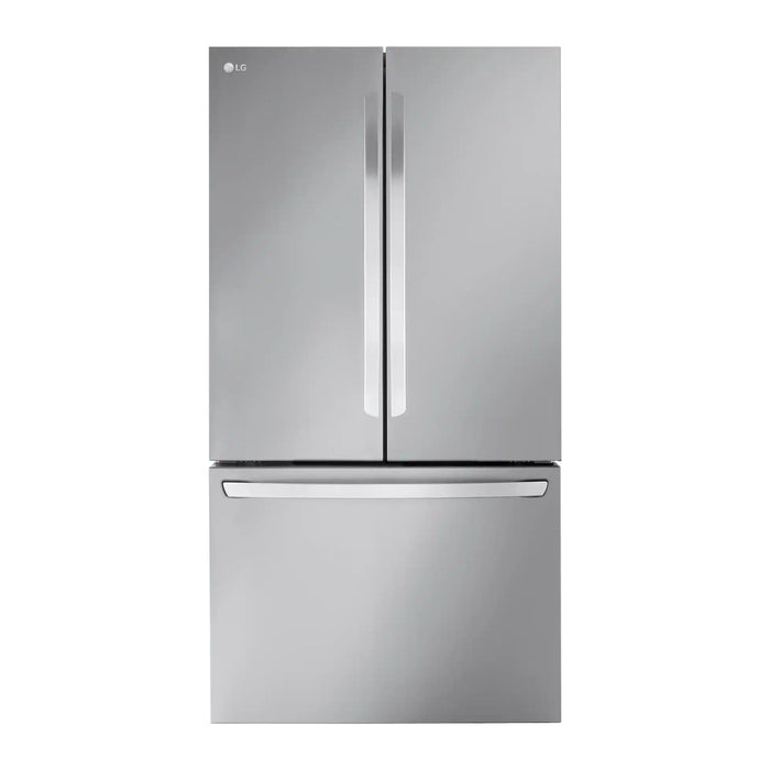 Refrigerator front view on white background