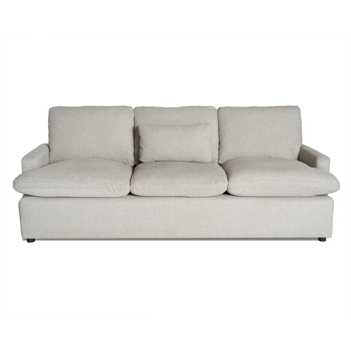 Introducing the My Cloud Sofa: a customizable beige three-cushion marvel with wide armrests and minimalist design. It features supportive back cushions and sits stylishly against a plain white background, ensuring both comfort and elegance.