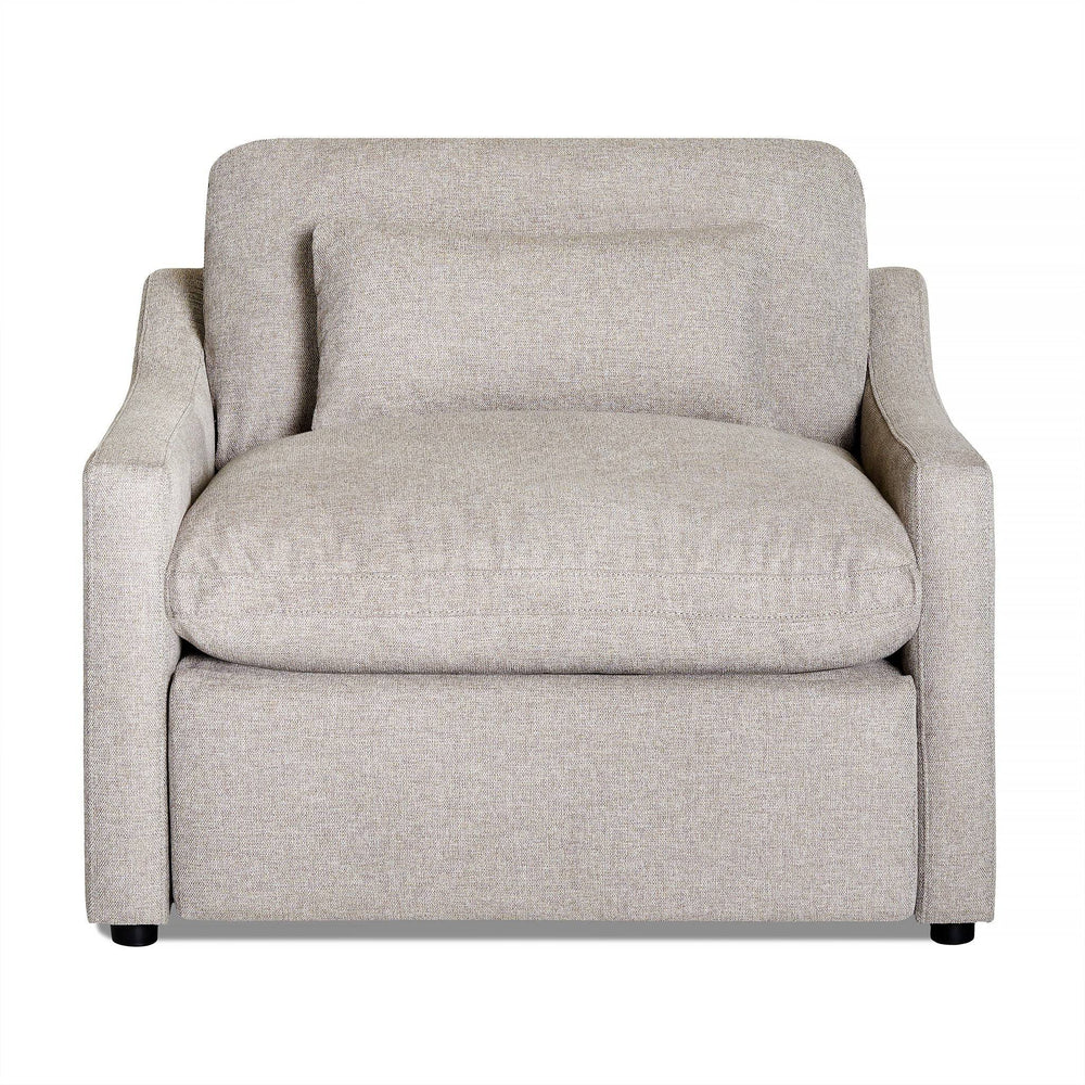 Introducing the My Cloud Slope Power Recliner: a beige upholstered armchair with a matching cushion. It offers a cushioned seat, backrest, straight armrests, and minimalist design, making it perfect for any living room or lounge area.