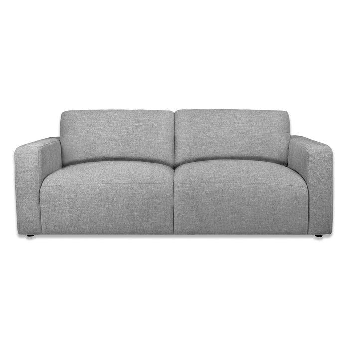 Meet the Lugano Sofa, a sleek modern gray fabric piece with plush cushions and wide armrests that captures Italian luxury. Crafted from premium materials, its minimalist design features dark, subtle legs—ideal for any contemporary living space.