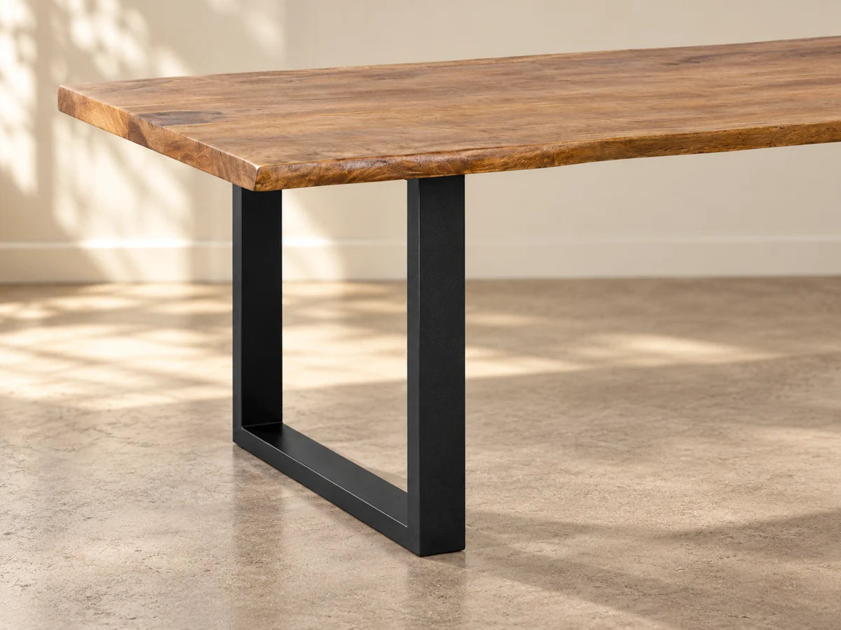 Illustration of the black steel base supporting the acacia tabletop