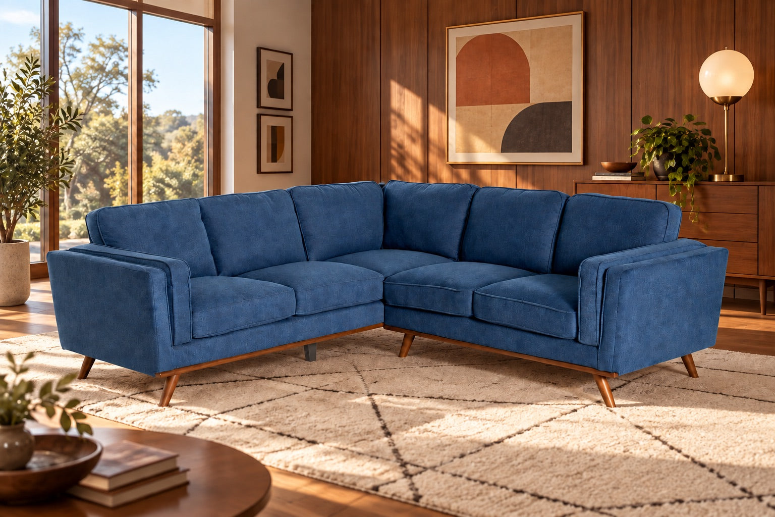 Blue Maddox sectional in a mid-century living room