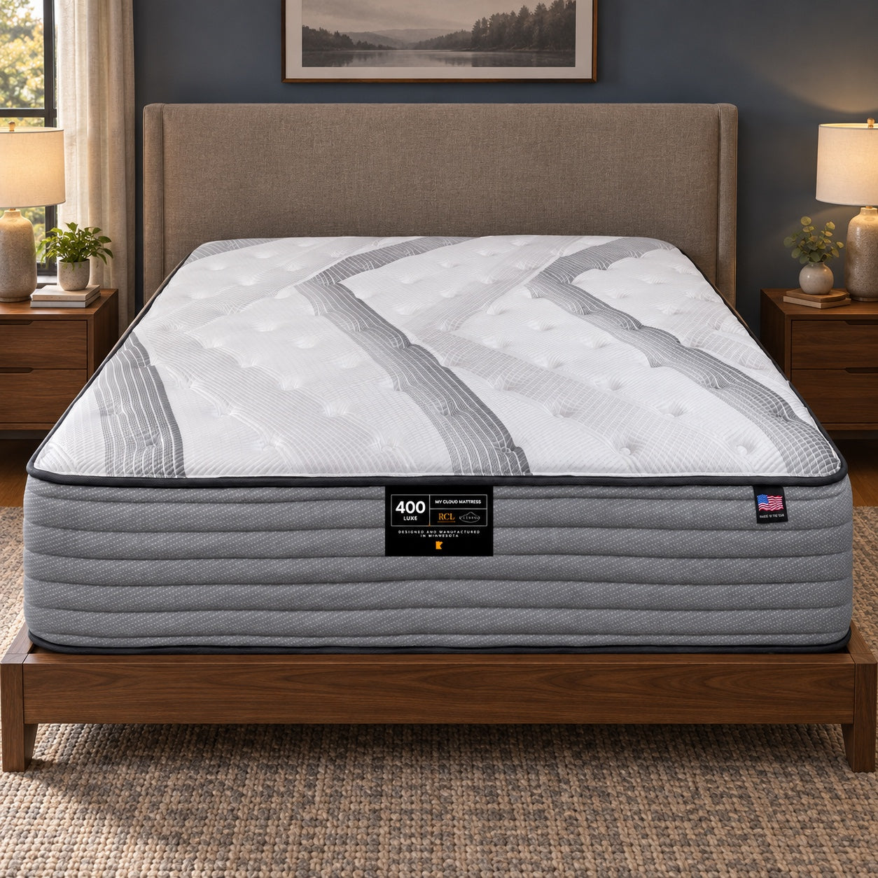 My Cloud 400 Luxe mattress in a bedroom with its product and made in USA labels visible