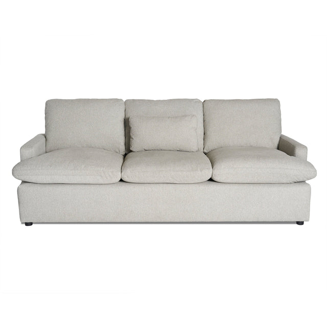 A light grey, three-seater sofa with a simple, modern design, featuring three back cushions and wide armrests, set against a plain white background.