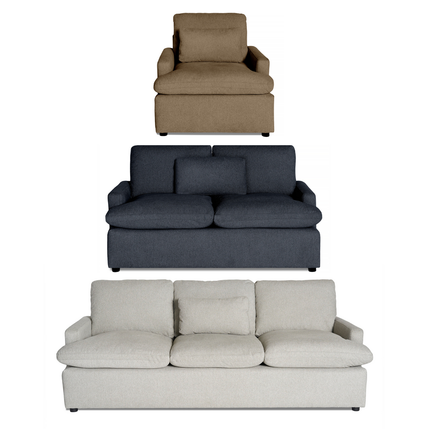 A dark blue, three-seater sofa with plush cushions, shown against a white background.