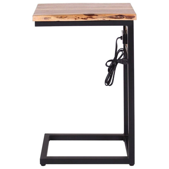 The Live Edge USB C-Table is a modern C-shaped side table with a live edge acacia wood top and black metal frame. It features a power cord with two USB ports and is designed to easily slide under sofas or beds.