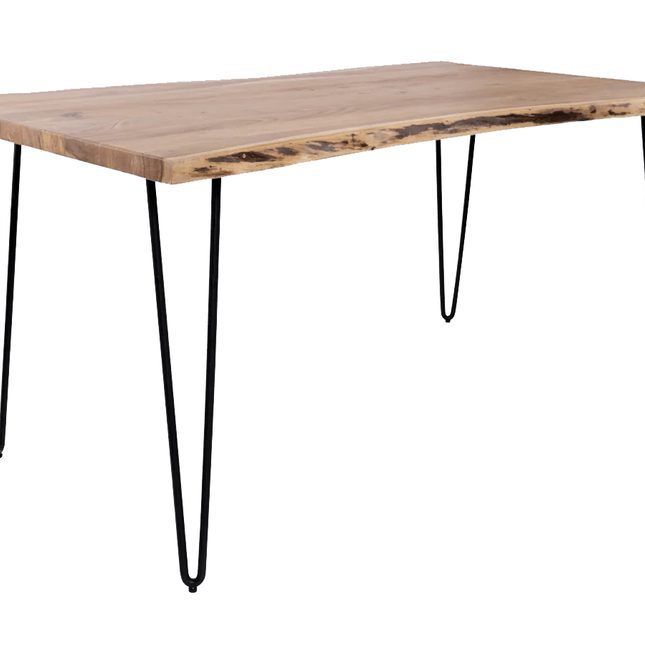 The Live Edge Hairpin Desk showcases natural wood grain with an uneven edge for rustic appeal, while sleek black metal hairpin legs add a modern touch, making it ideal for a stylish home office.