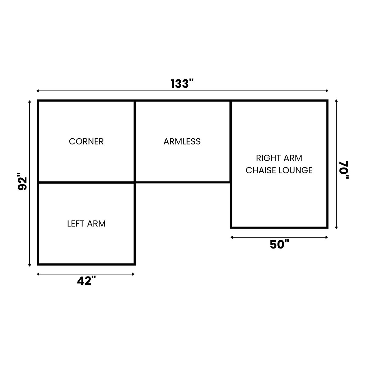 Explore the Yeti 4 Piece L / Right Chaise in premium corduroy, offering customizable layouts. Its large floor plan measures 133 wide and 92 long with sections including a left arm, armless seat, corner piece, and right arm chaise for maximum comfort. Overall height is 70.