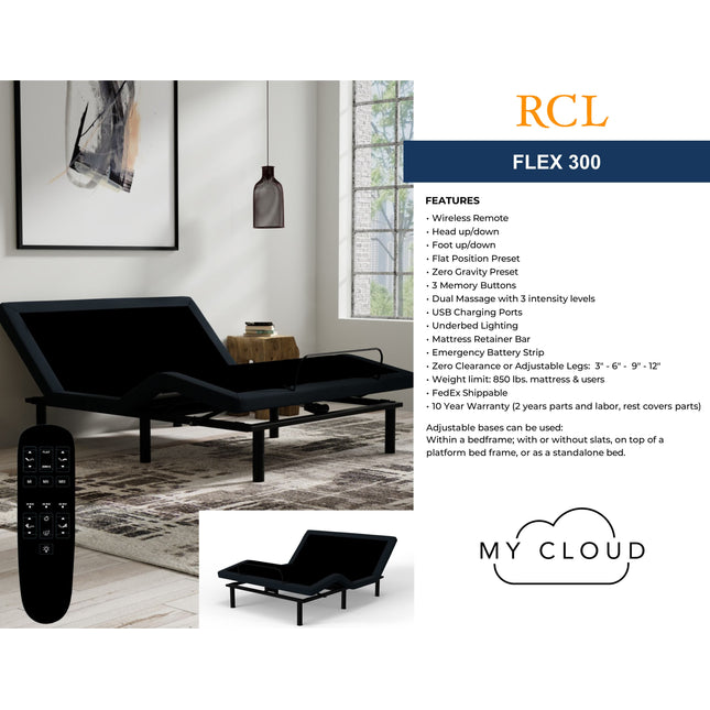 Experience the comfort and innovation of the My Cloud Adjustable Power Bed Frame. With a wireless remote, customizable head and foot adjustments, relaxing massage settings, and convenient USB ports, this stylish sleep essential perfectly complements sleek modern decor.