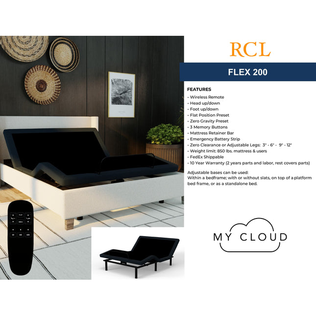 In a modern bedroom, the My Cloud Adjustable Power Bed Frame showcases the ultimate setup with the FLEX 200, featuring a wireless remote, zero gravity preset, and massage. A remote control and My Cloud logo elegantly complete this state-of-the-art display.
