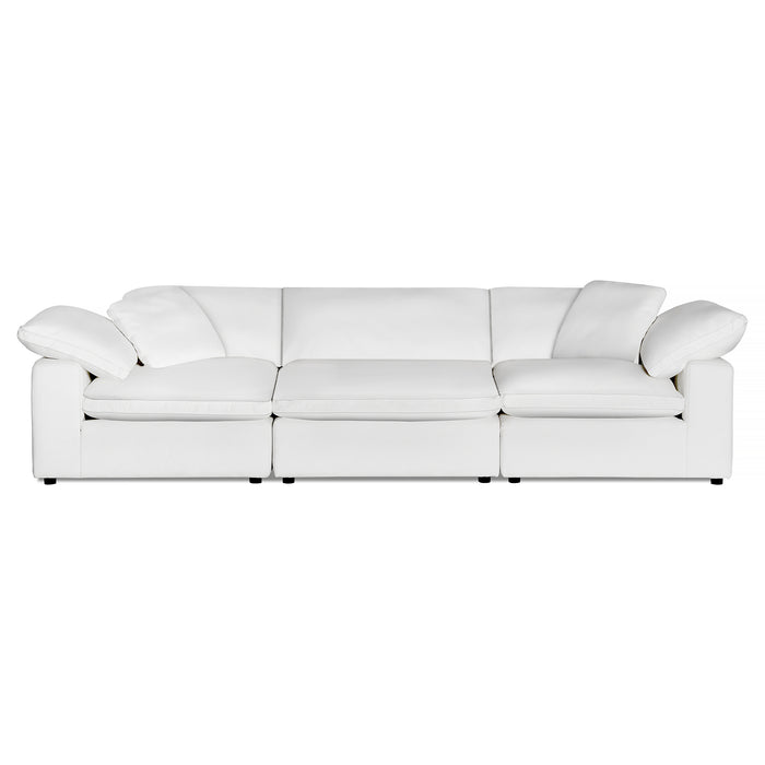 The Peyton 3 Piece Straight is a luxurious modern white sofa with three cushioned seats and cozy armrests, showcased against a plain white background.