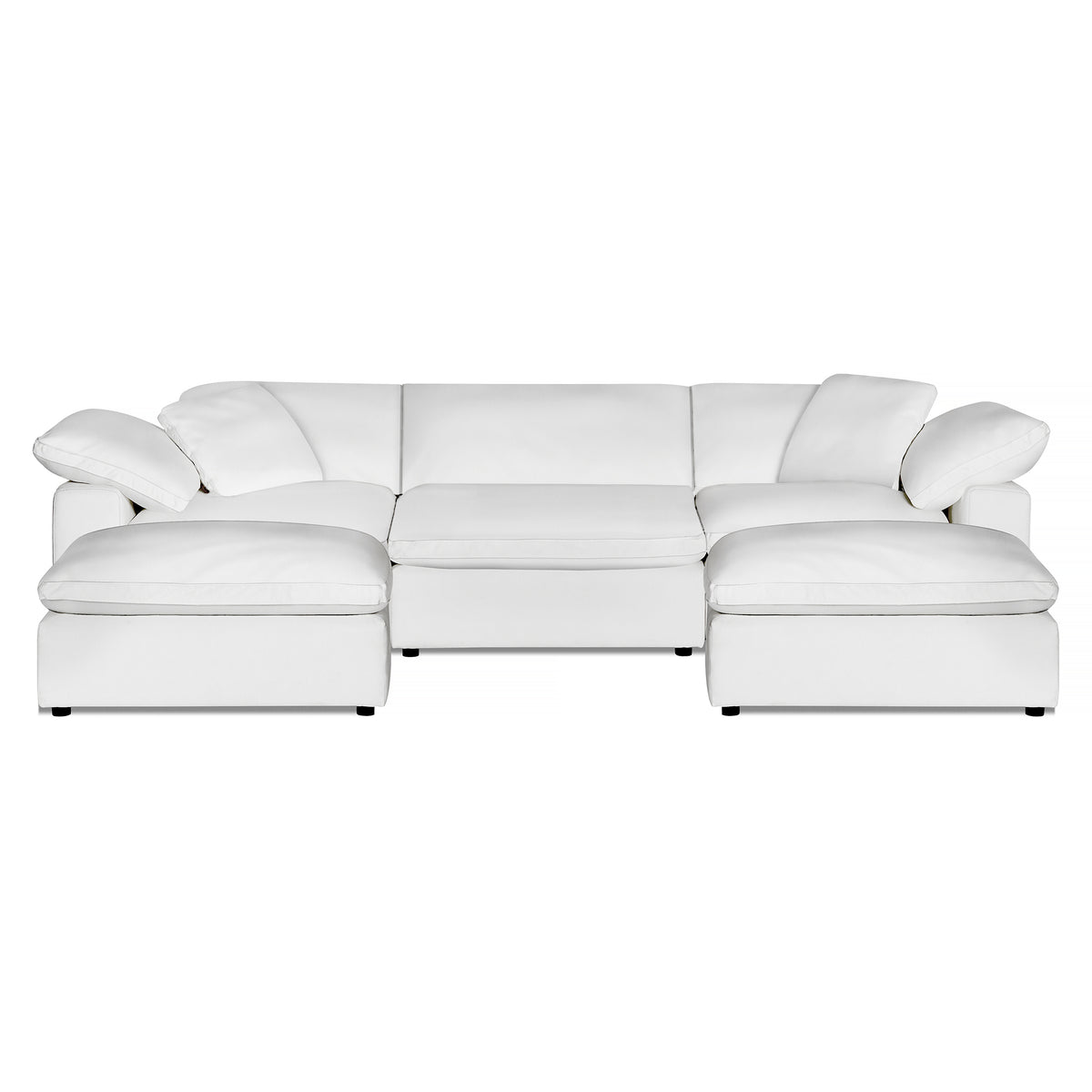 Introducing the Peyton 3 Piece Straight + 2 Ottomans: a modern white leather sectional sofa featuring plush cushions and armrests. Its luxurious, minimalist design offers a spacious seating area perfect for contemporary living spaces.