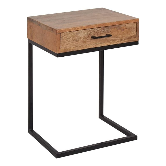 The Acacia C-Table w/Drawer combines versatility with a minimalist industrial design, featuring acacia wood, a single drawer, and a black metal open frame base for convenient storage.