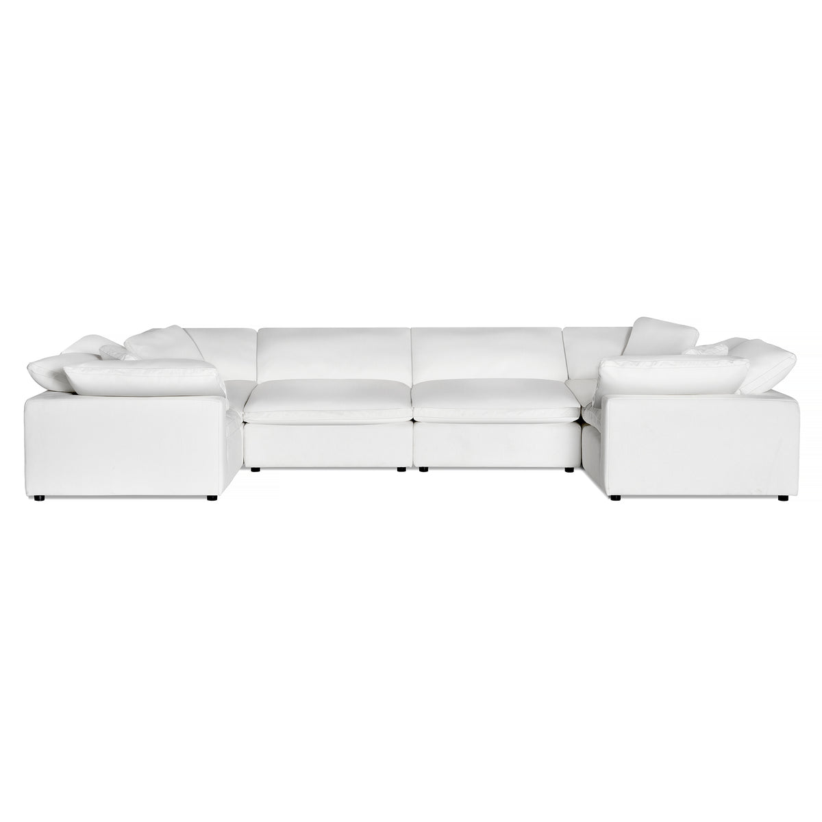 The Peyton 6 Piece Pit is a modern, modular white sectional sofa with six plush seats and matching cushions, offering unmatched coziness. Its U-shaped design highlights clean lines and minimalism, achieving the perfect blend of style and comfort.