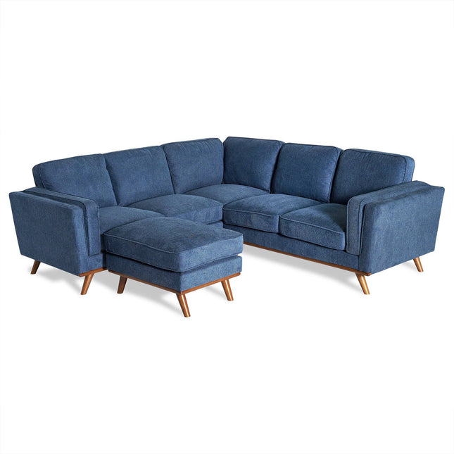 The Maddox is a blue L-shaped sectional sofa with wooden legs, deep cushions, and a chaise. Its soft and smooth upholstery offers a comfortable, modern seating option that exudes mid-century modern charm for your living room.