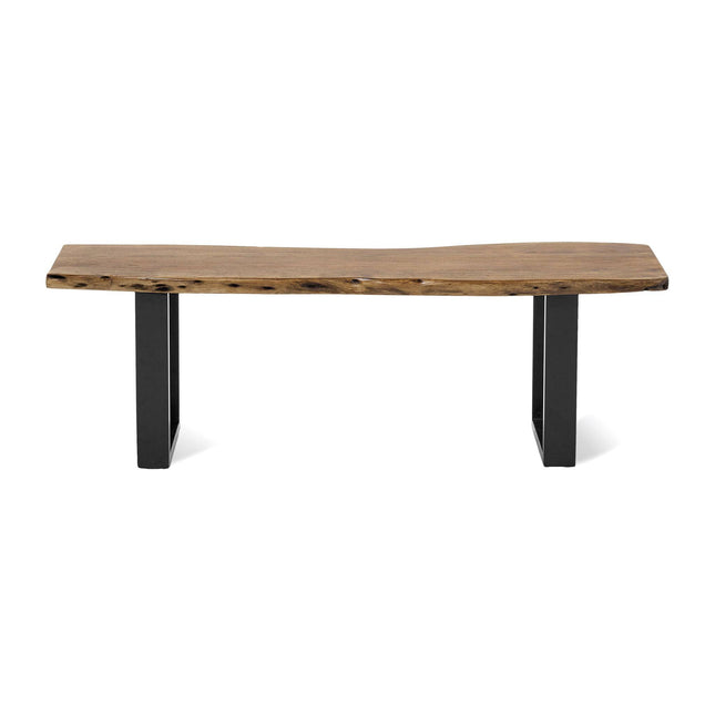 The Live Edge Bench boasts a thick acacia seat with two black metal legs, set against a white background, offering a unique, handcrafted design to enhance your dining experience.