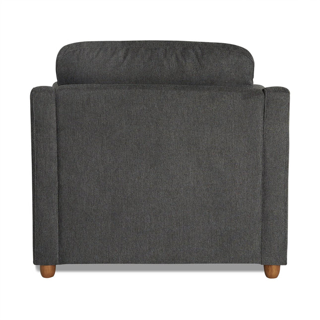 The My Cloud Slope Chair showcases a back view of a gray upholstered armchair with wooden legs, offering a simple and modern design. This comfortable piece features a cushioned backrest, seamlessly blending style and luxury in your living space.