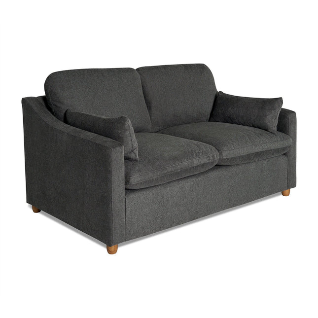 The My Cloud Slope Loveseat in dark gray features thick cushions, slightly angled armrests, and small wooden legs, offering a modern and minimalist design that highlights customizable furniture at its finest.