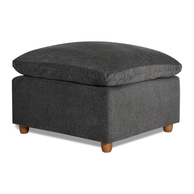 The My Cloud Slope 30 Ottoman features a plush gray upholstered cushion and small wooden legs. Its simple, modern design complements various home decor styles, offering both comfort and customizable furniture options for your living space.
