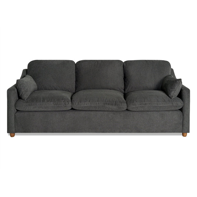 The My Cloud Slope Sofa is a three-seater in dark gray with plush cushions, armrests, and wooden legs. Its modern, simple design ensures living room comfort. A prime example of customizable furniture excellence.