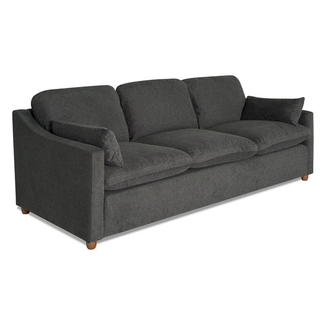 The My Cloud Slope Sofa is a dark gray, three-seater with soft cushions and slightly curved armrests. Featuring wooden legs and a minimalist design, it offers comfortable seating perfect for any modern living room.