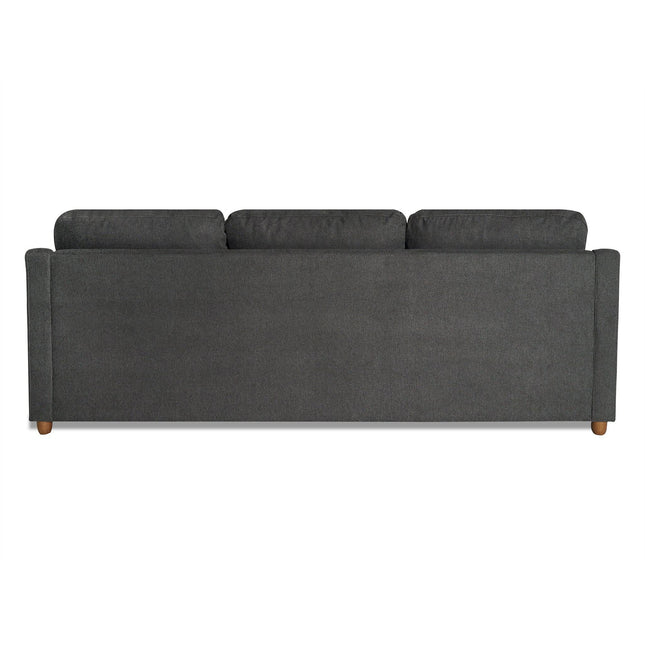 The image features the back view of a My Cloud Slope Sofa in dark gray, with three cushions and short wooden legs, embodying comfort.