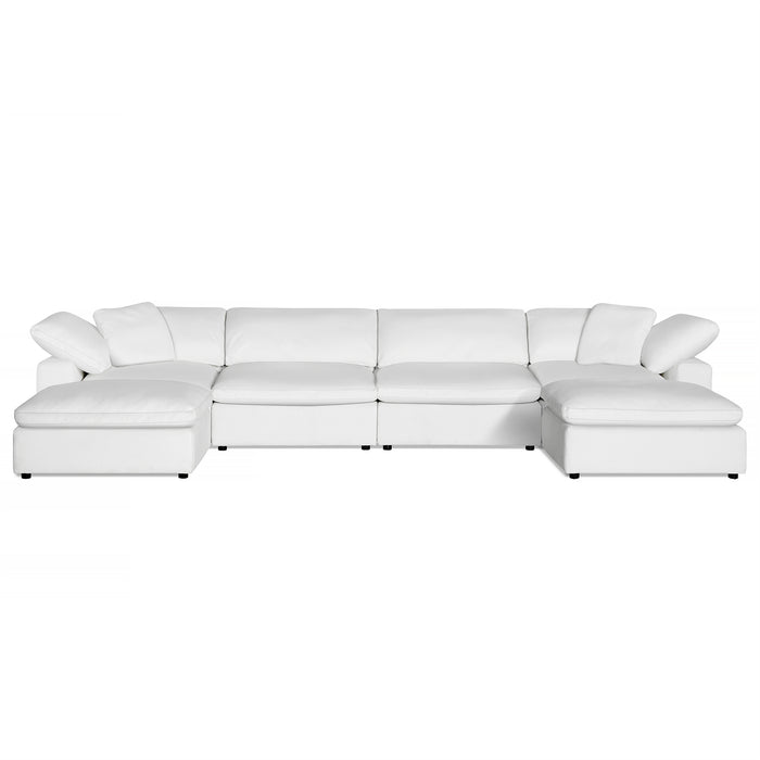 The Peyton 4 Piece Straight + 2 Ottomans is a luxurious modern white sectional sofa with multiple cushions and seating areas, featuring a chaise lounge for ultimate relaxation, set against a white background.