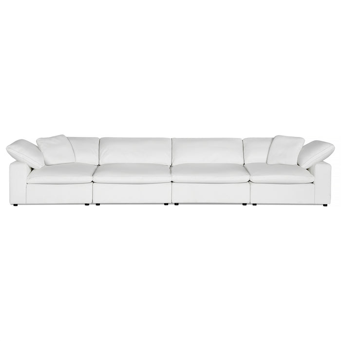 The Peyton 4 Piece Straight offers luxury and adaptability with its soft, cushioned seats and adjustable backrests. Its sleek, contemporary white leather design features small, discreet legs for a floating effect on a plain white background—a true sanctuary of style and comfort.