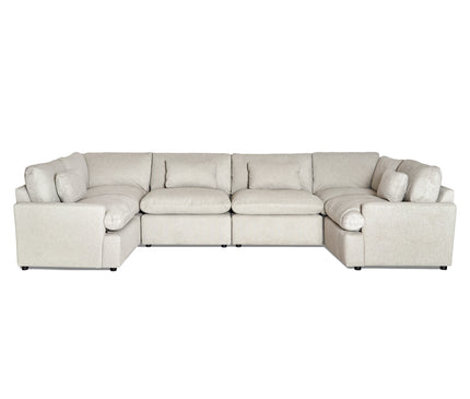 The My Cloud 6 Piece Pit is a spacious, light gray sofa with a contemporary U-shape design. Featuring thick, plush cushions, it offers ample seating and is acclaimed as the Worlds Greatest & Most Comfortable Sofa, boasting a minimalist and modern aesthetic.