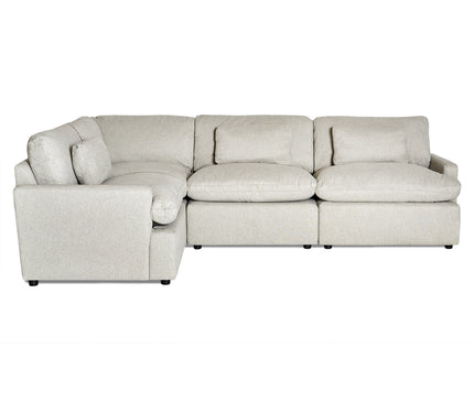 The My Cloud 4 Piece Left L is a light gray L-shaped sectional with plush cushions and rounded armrests. It features a modern design with machine-washable fabric, ample seating, and short black legs.
