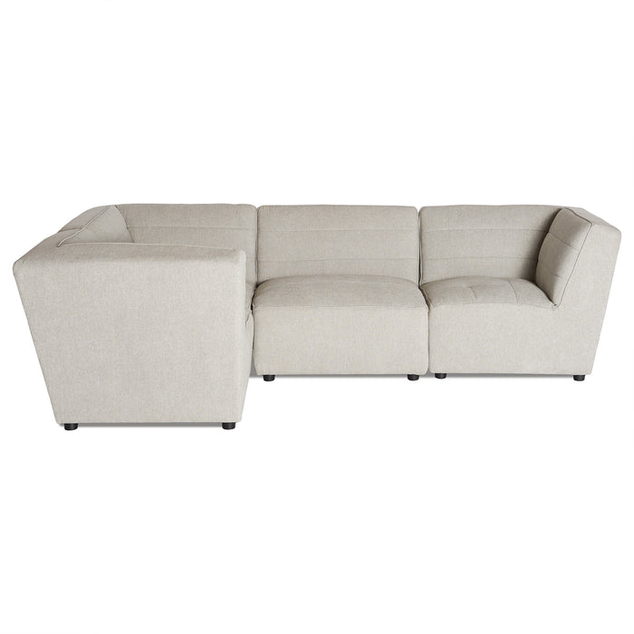 The Millenium 4 Piece Left L is a modern, light gray, U-shaped sectional sofa with a minimalist ribbed design. It boasts a low back and wide armrests for ultra-plush comfort, making it the perfect luxury modular addition to any living room.