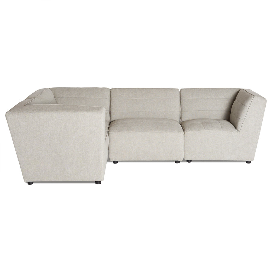 The Millenium 4 Piece Left L is a modern, light gray, U-shaped sectional sofa with a minimalist ribbed design. It boasts a low back and wide armrests for ultra-plush comfort, making it the perfect luxury modular addition to any living room.
