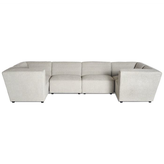 The Millenium 6 Piece Pit is a beige modular sectional sofa with five seats in an L-shaped configuration. This modern luxury design includes straight lines, full back support, and ultra-plush cushions, perfect for a contemporary living space.