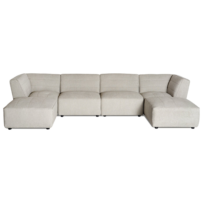 The Millenium 4 Piece Straight + 2 Ottomans is a large, light gray modular sectional sofa offering modern design and ultra-plush comfort. It features four cushion seats with chaises, forming a U-shape. Clean lines and tufted seat and backrest patterns epitomize modern luxury.