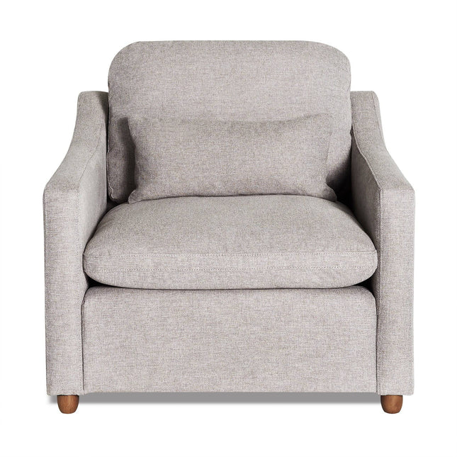 Introducing the My Cloud Slope Chair: a gray upholstered armchair featuring a matching back cushion, wooden legs, and a boxy design with slightly rounded armrests. It promises style and comfort, making it an ideal addition to your furniture collection.