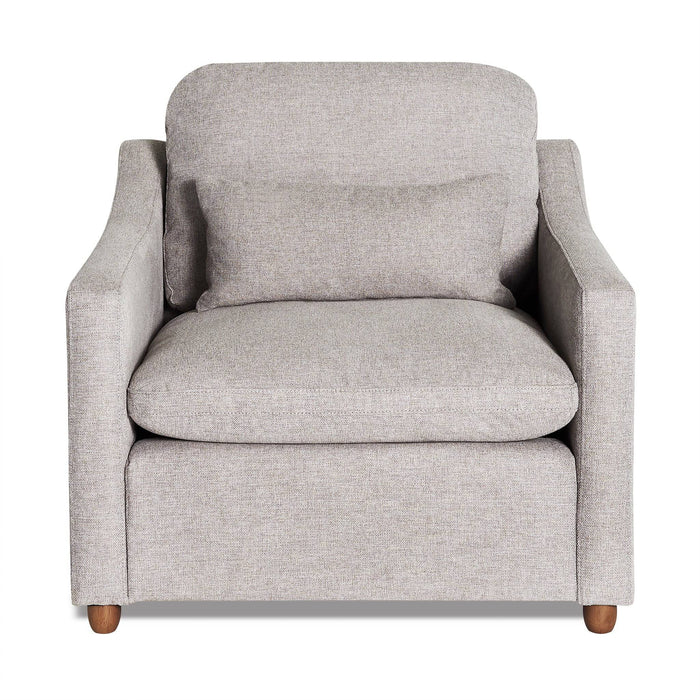 Introducing the My Cloud Slope Chair: a gray upholstered armchair featuring a matching back cushion, wooden legs, and a boxy design with slightly rounded armrests. It promises style and comfort, making it an ideal addition to your furniture collection.