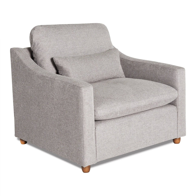 Introducing the My Cloud Slope Chair: a plush, light gray armchair with a matching rectangular pillow. With cushioned seat and backrest, this customizable furniture includes curved armrests and gracefully sits on short wooden legs for ultimate comfort.