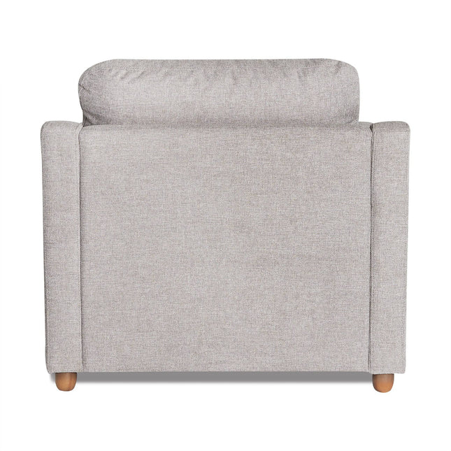 Introducing the My Cloud Slope Chair, a light gray upholstered armchair with rounded wooden legs. This comfortable piece features a cushioned backrest and minimalist design, combining style and coziness in this customizable favorite.