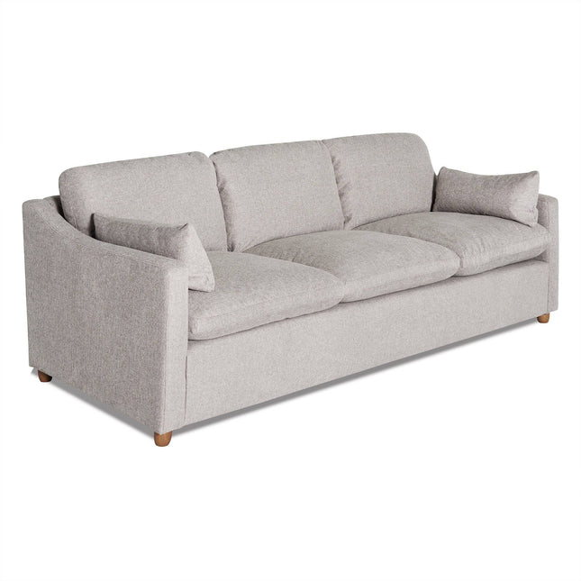 The My Cloud Slope Sofa is a light gray, upholstered sofa with soft cushions and pillows. It features a modern design with low wooden legs, offering a clean, minimalist style perfect for contemporary living spaces and customizable furniture arrangements.